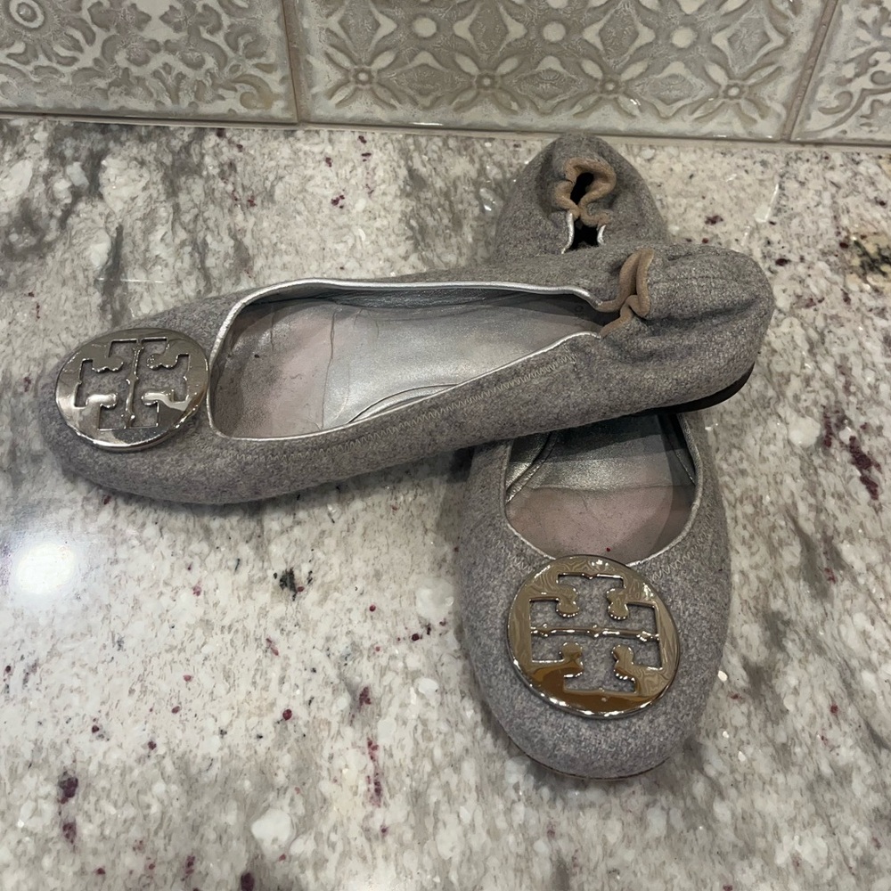 Tory Burch Gray Wool Logo Ballet Flats
